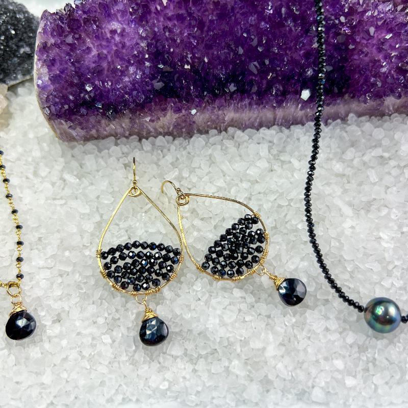 Black Spinel teardrop gemstone hoops