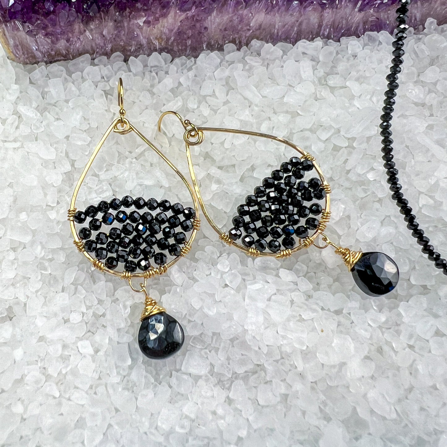 Black Spinel teardrop gemstone hoops