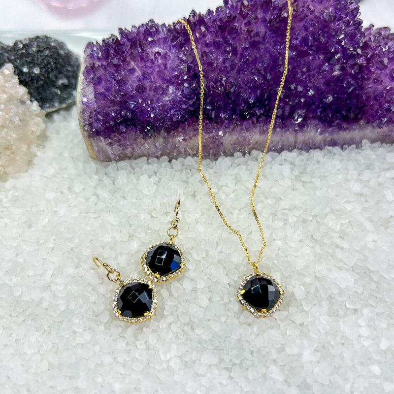 Black Chalcedony & CZ Necklace & Earrings