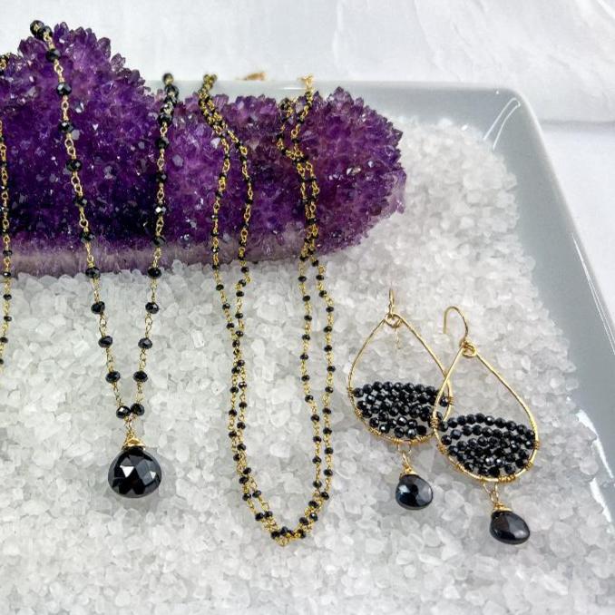 Black Spinel teardrop gemstone hoops