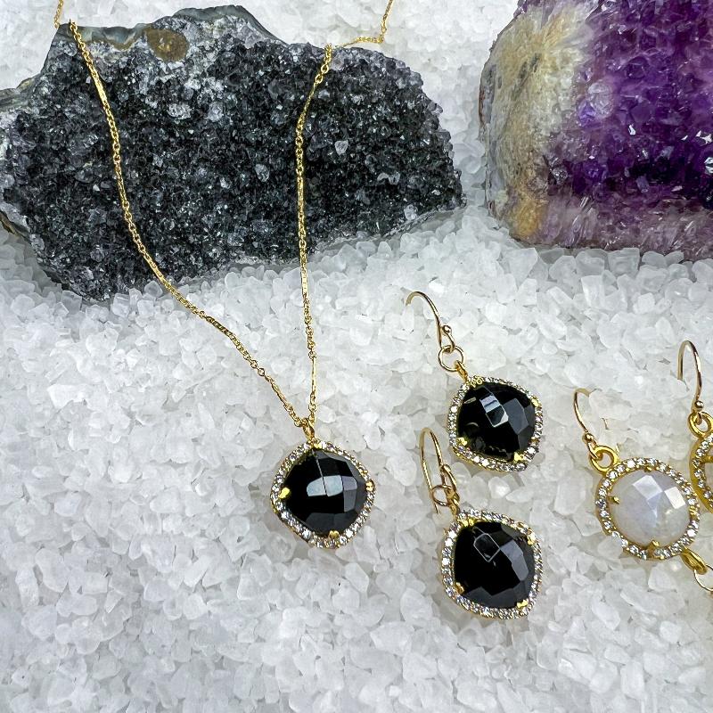 Black Chalcedony & CZ Necklace & Earrings