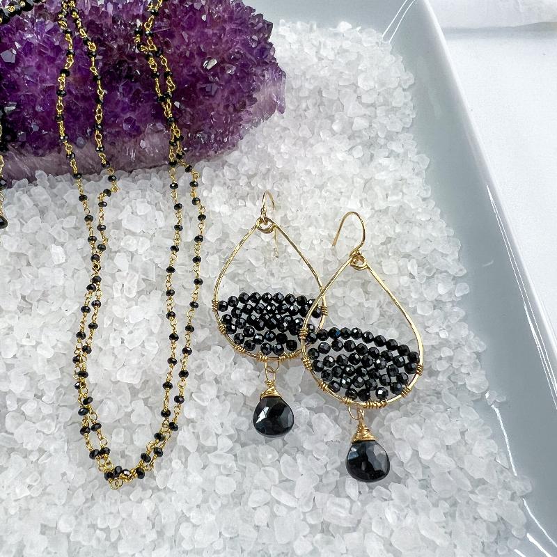 Black Spinel teardrop gemstone hoops