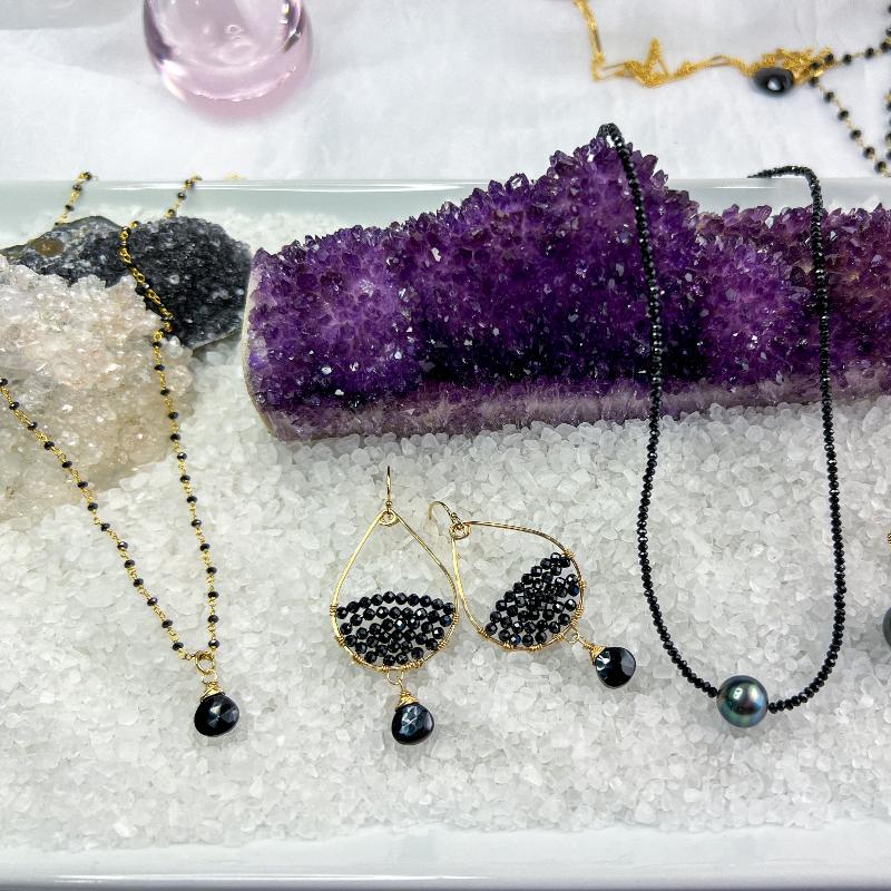 Black Spinel teardrop gemstone hoops