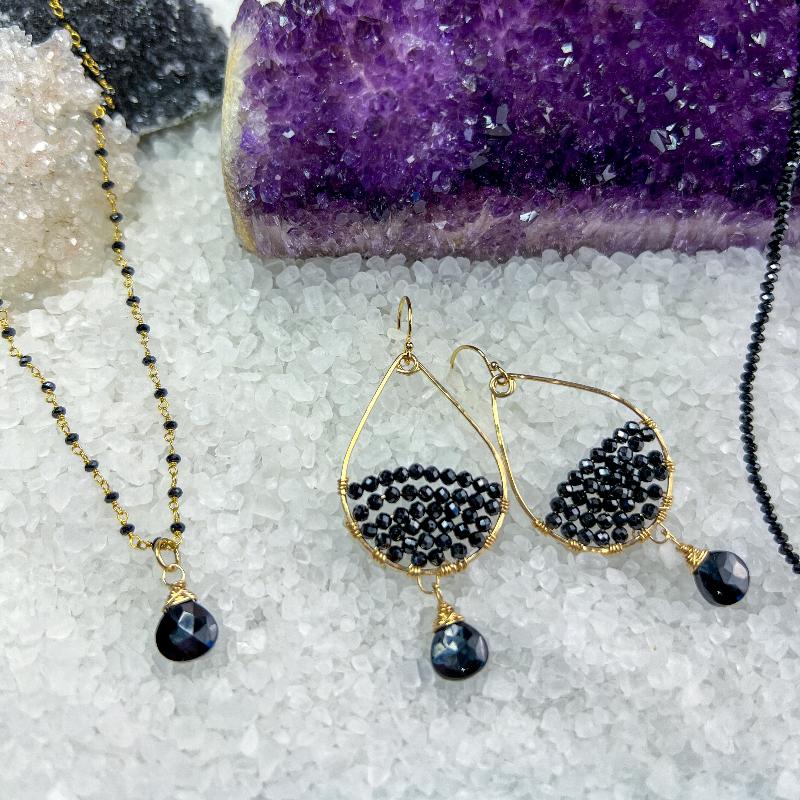 Black Spinel teardrop gemstone hoops