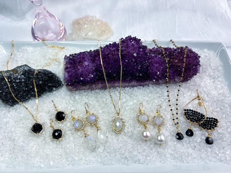 Black Chalcedony & CZ Necklace & Earrings, Rainbow Moonstone Necklace & Earrings