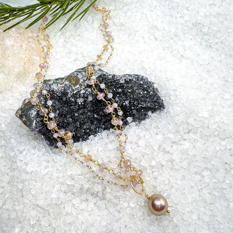Edison Pearl, Pink Topaz Rainbow moonstone necklace
