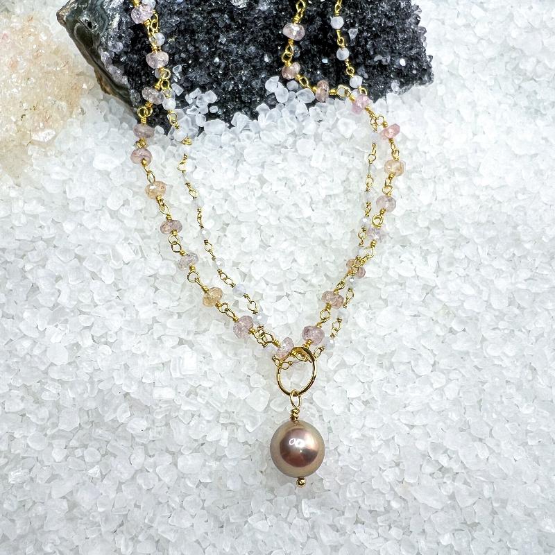 Edison Pearl, Pink Topaz Rainbow moonstone necklace