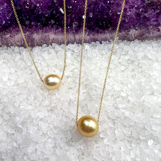 Golden South Sea floating pearl necklace on gold filled chain