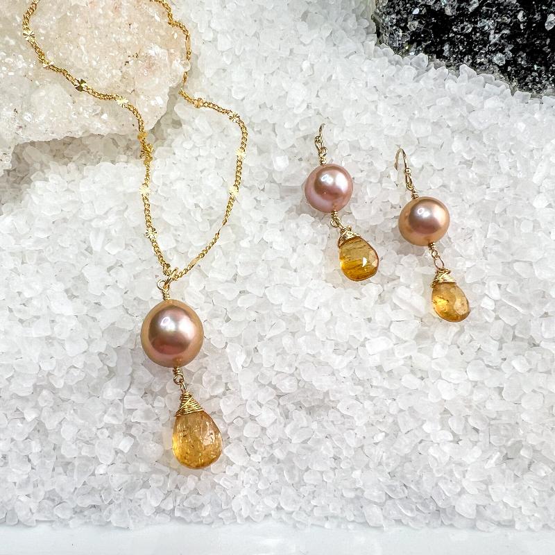 Edison Pearl & Golden Topaz Earrings & Necklace