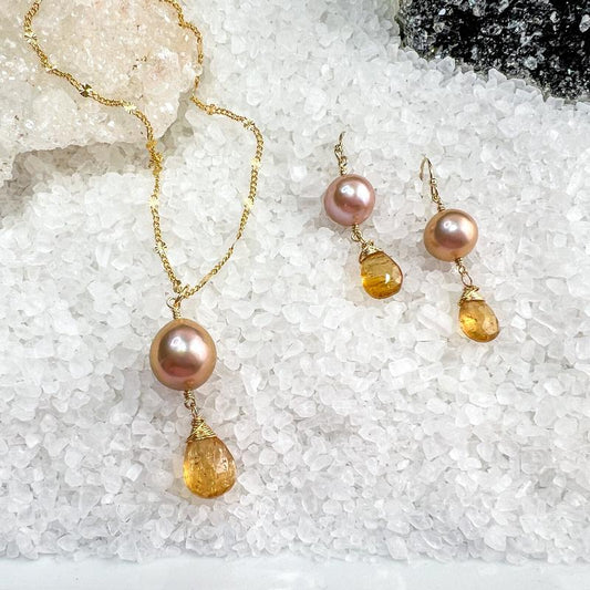 Edison Pearl & Golden Topaz Earrings & Necklace
