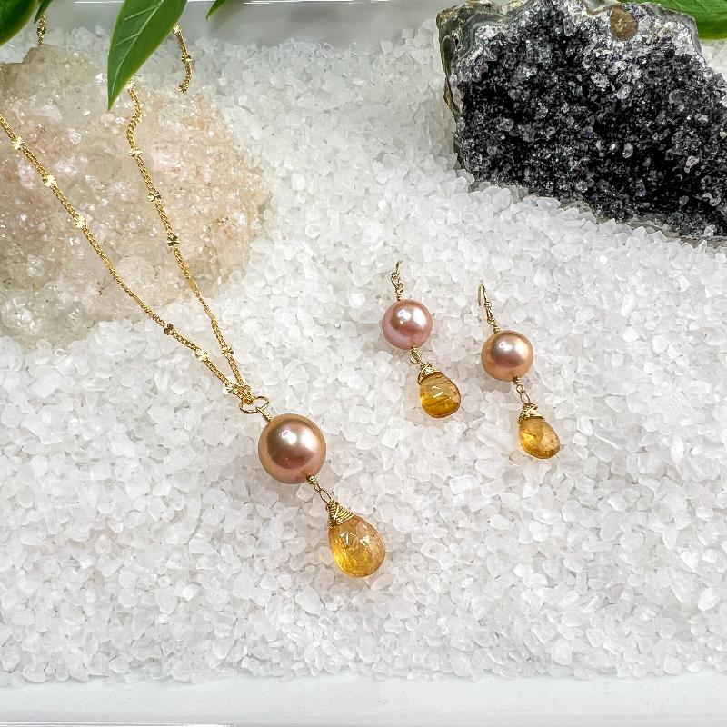 Edison Pearl & Golden Topaz Earrings & Necklace