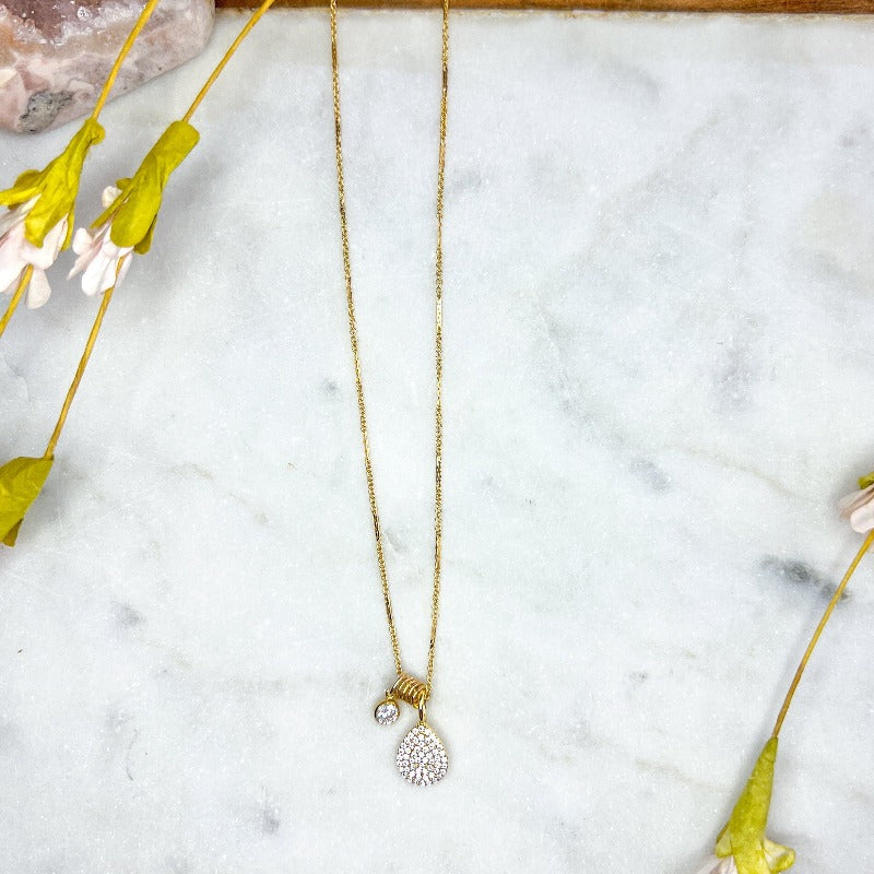 Pave teardrop & CZ Charm necklace