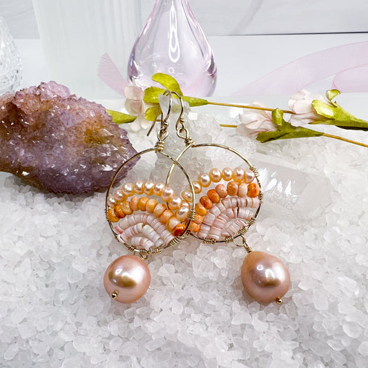 Hand wrapped peach Shell & Baroque pearl earrings