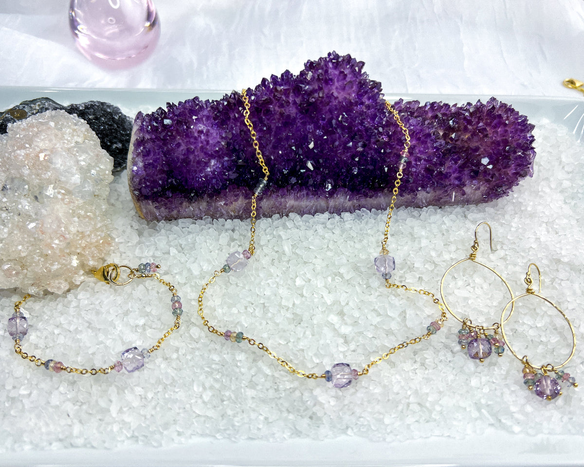 Pink Amethyst & Zircon necklace, earrings & bracelet set