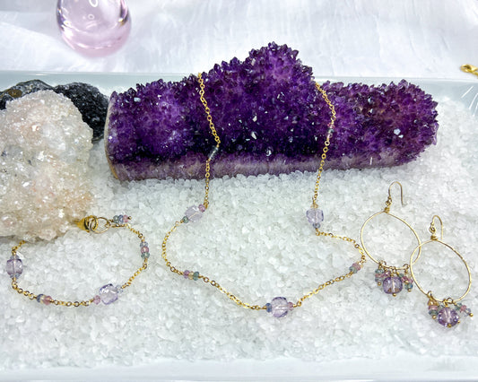Pink Amethyst & Zircon necklace, earrings & bracelet set