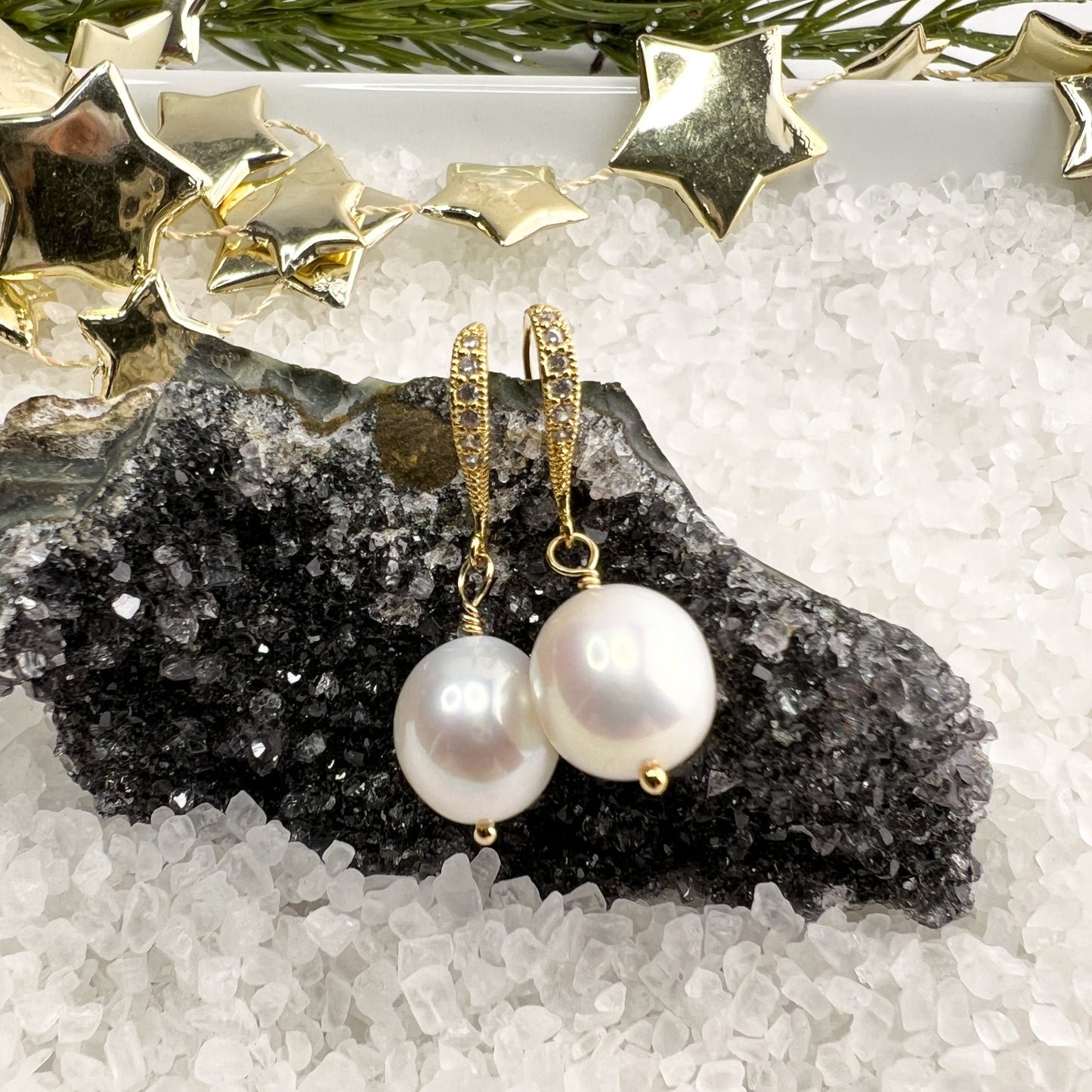 Edison White Pearl earrings with CZ accent
