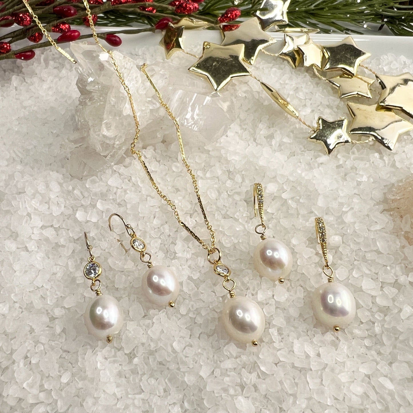 White Edison Pearl Necklace & Earrings
