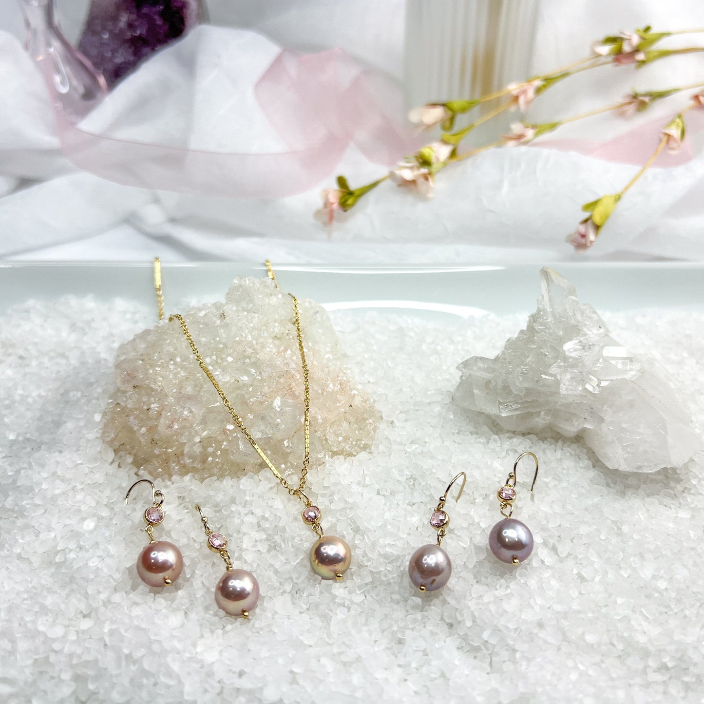 Edison Pearl & pink CZ earrings