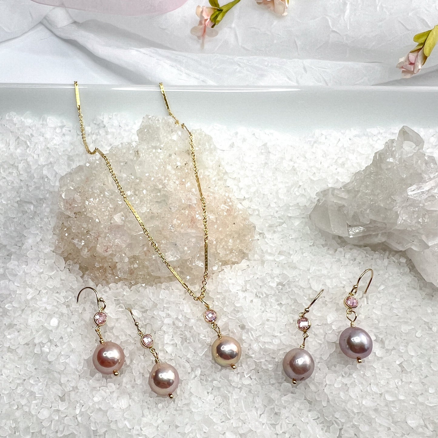 Edison Pearl & pink CZ earrings