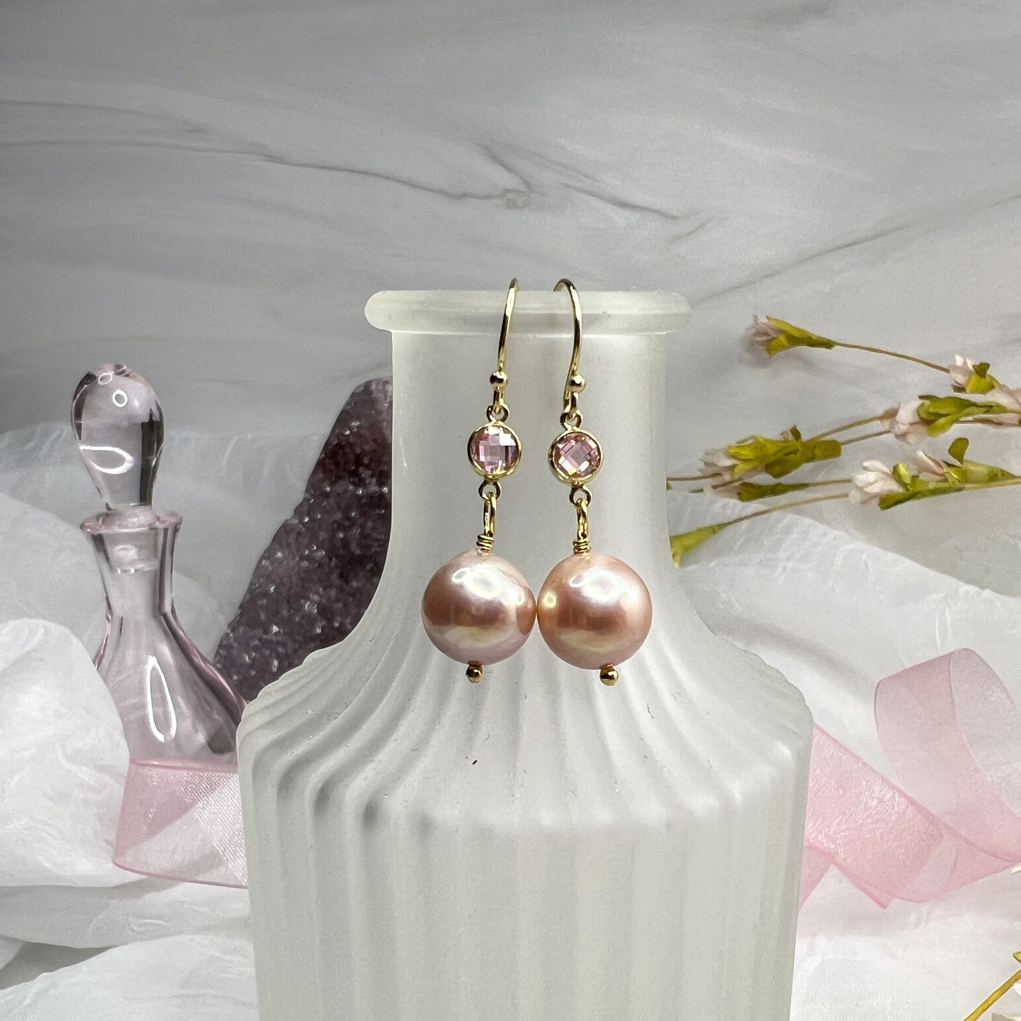 Edison Pearl & pink CZ earrings
