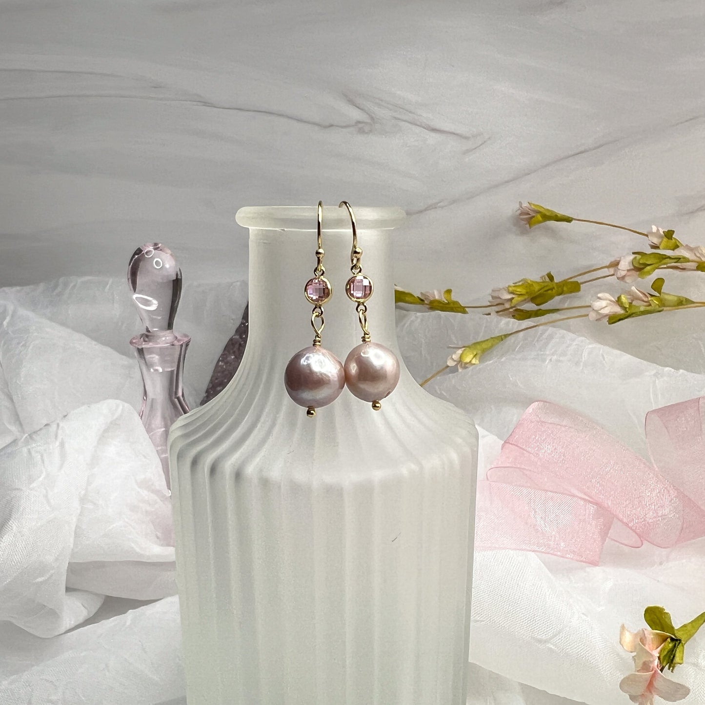 Edison Pearl & pink CZ earrings