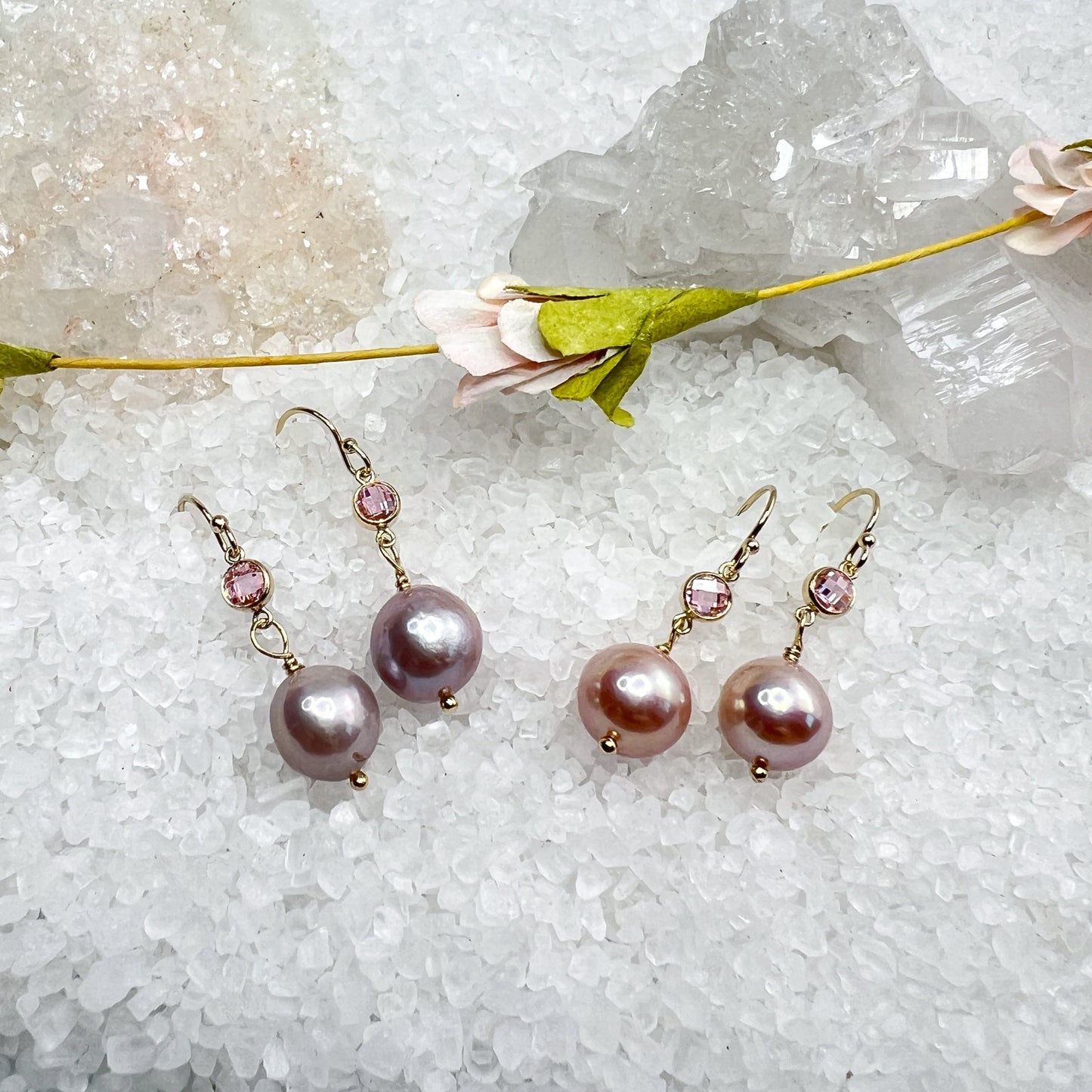 Edison Pearl & pink CZ earrings