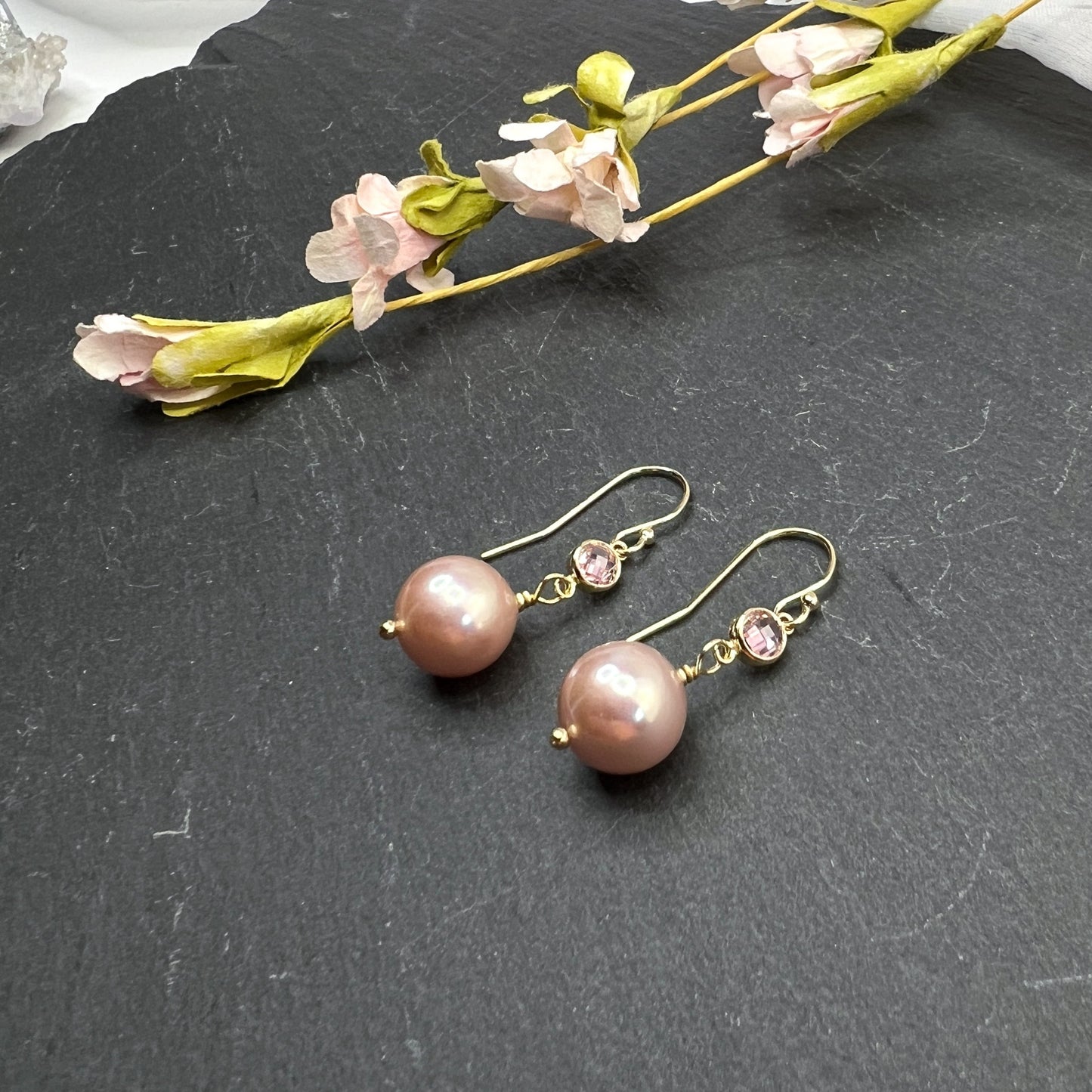 Edison Pearl & pink CZ earrings