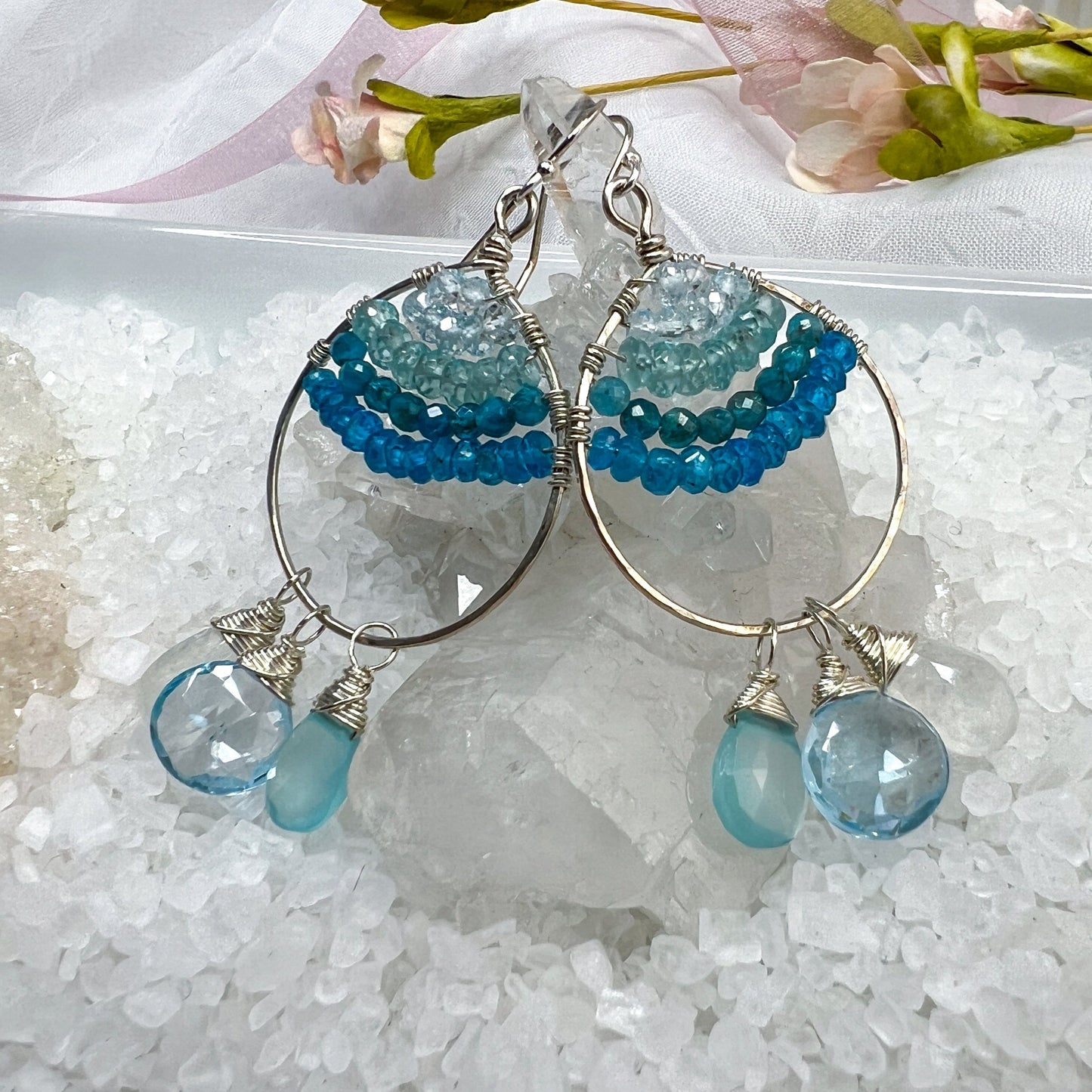 Blue Topaz, Apatite, Chalcedony, & Moonstone hoops
