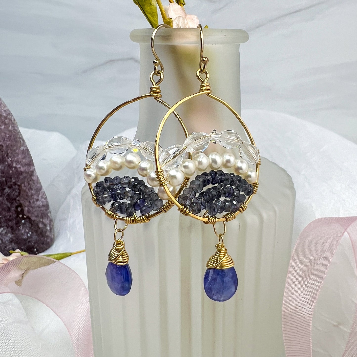 Tanzanite, Iolite & pearl hoops