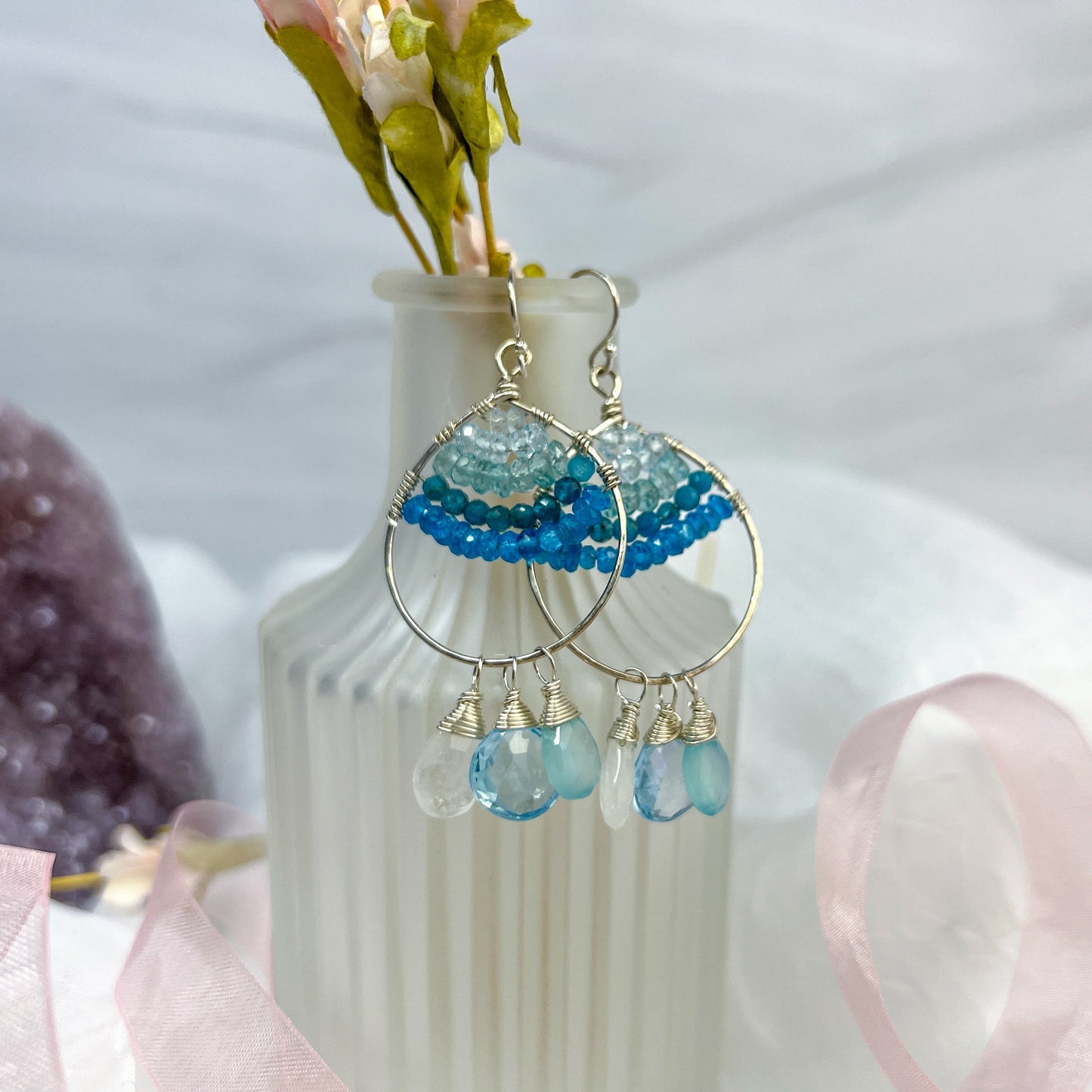 Blue Topaz, Apatite, Chalcedony, & Moonstone hoops