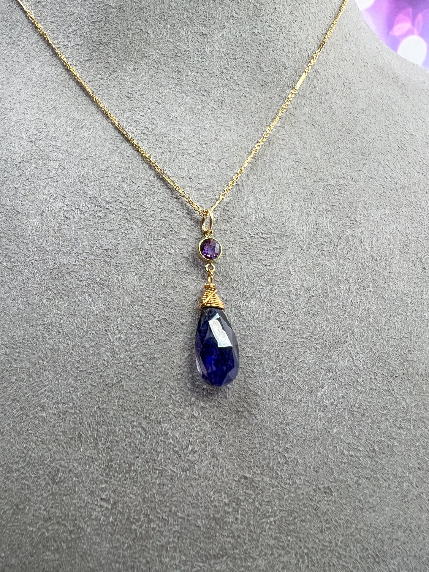 Iolite Drop Necklace with Purple CZ Accent