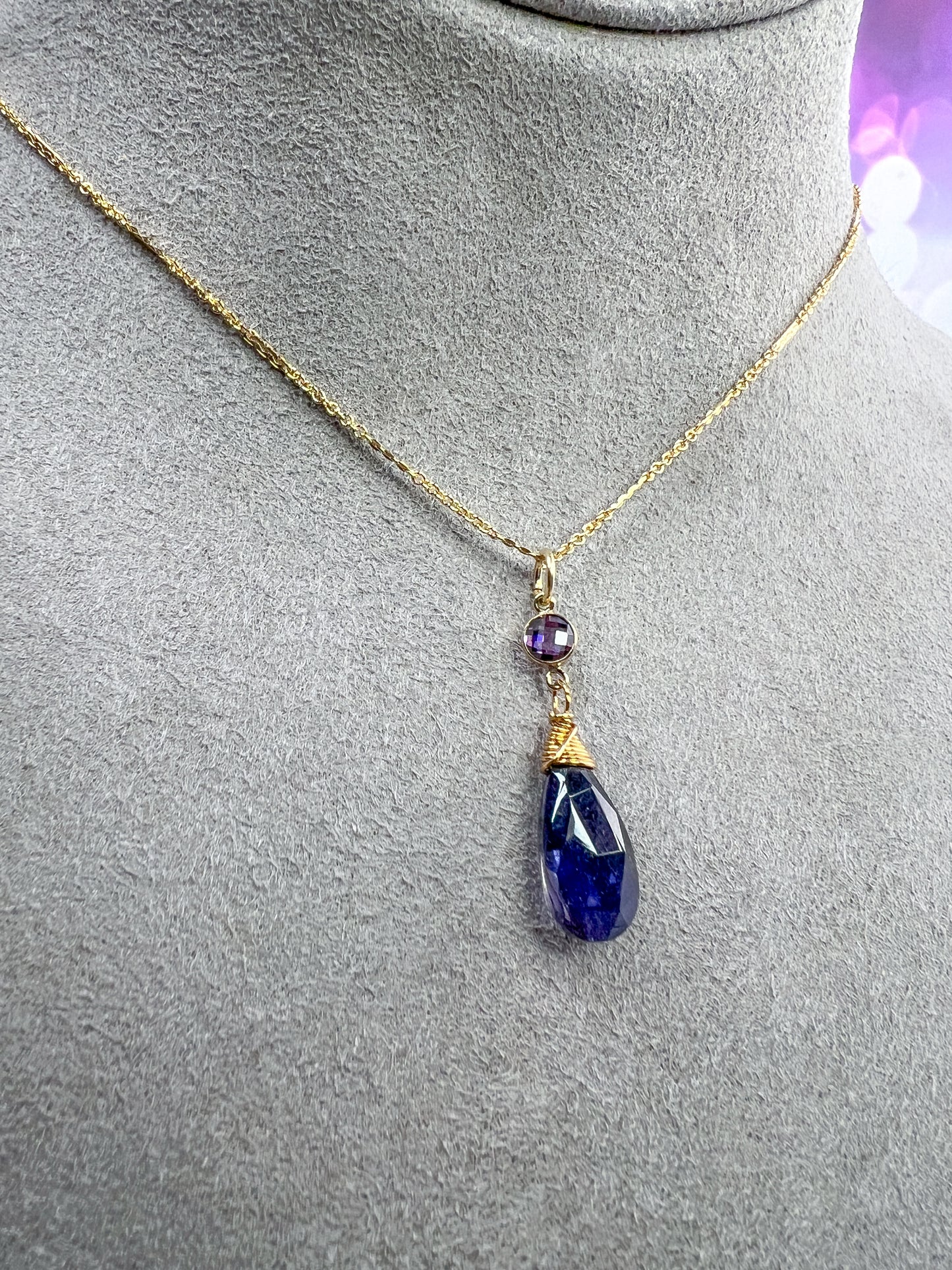Iolite Drop Necklace with Purple CZ Accent