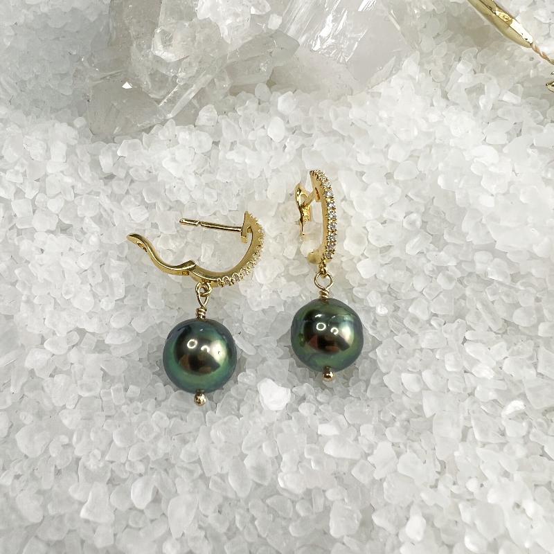Tahitian Pearl and CZ Hoop Earrings