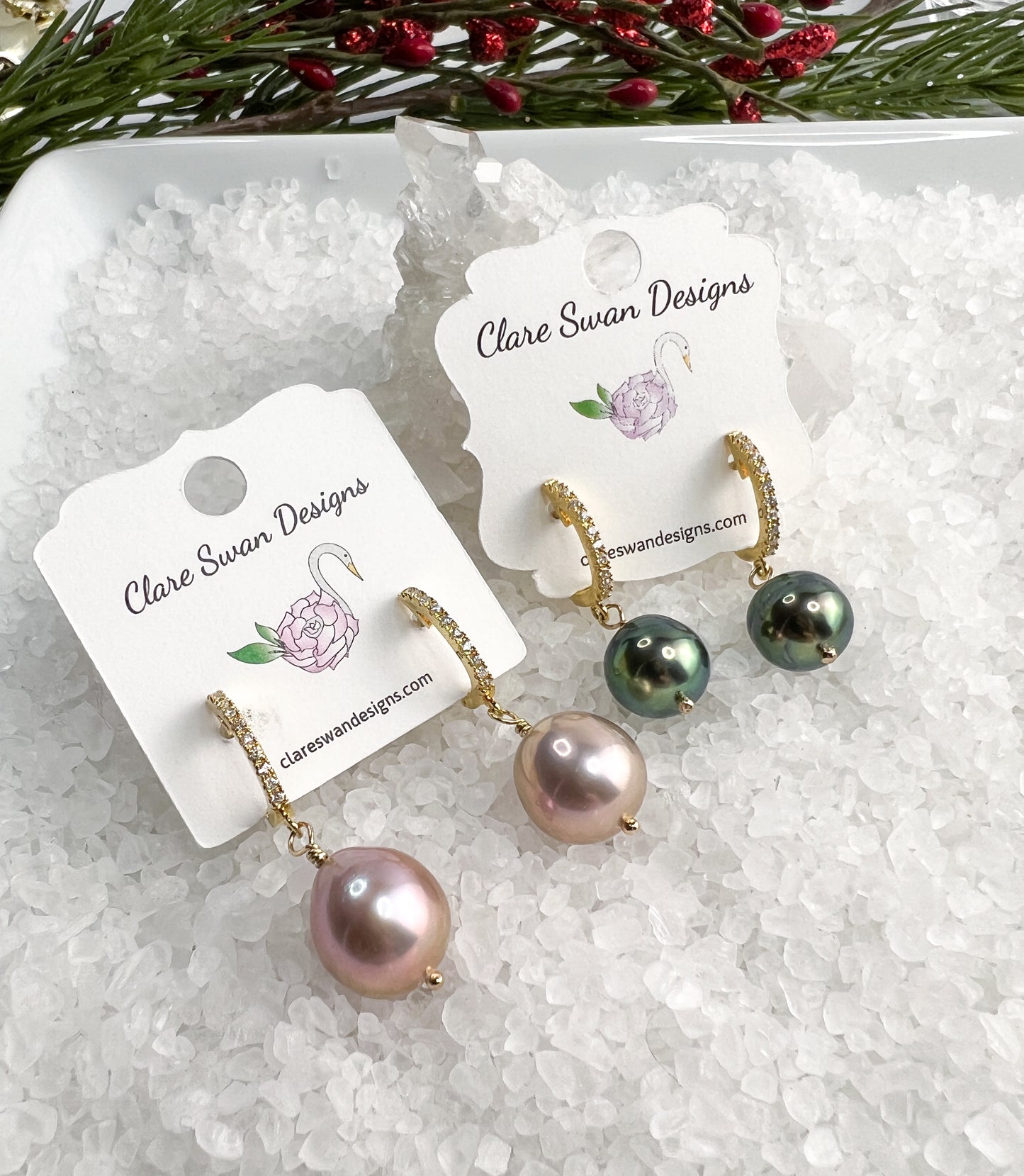 Tahitian Pearl and CZ Hoop Earrings
