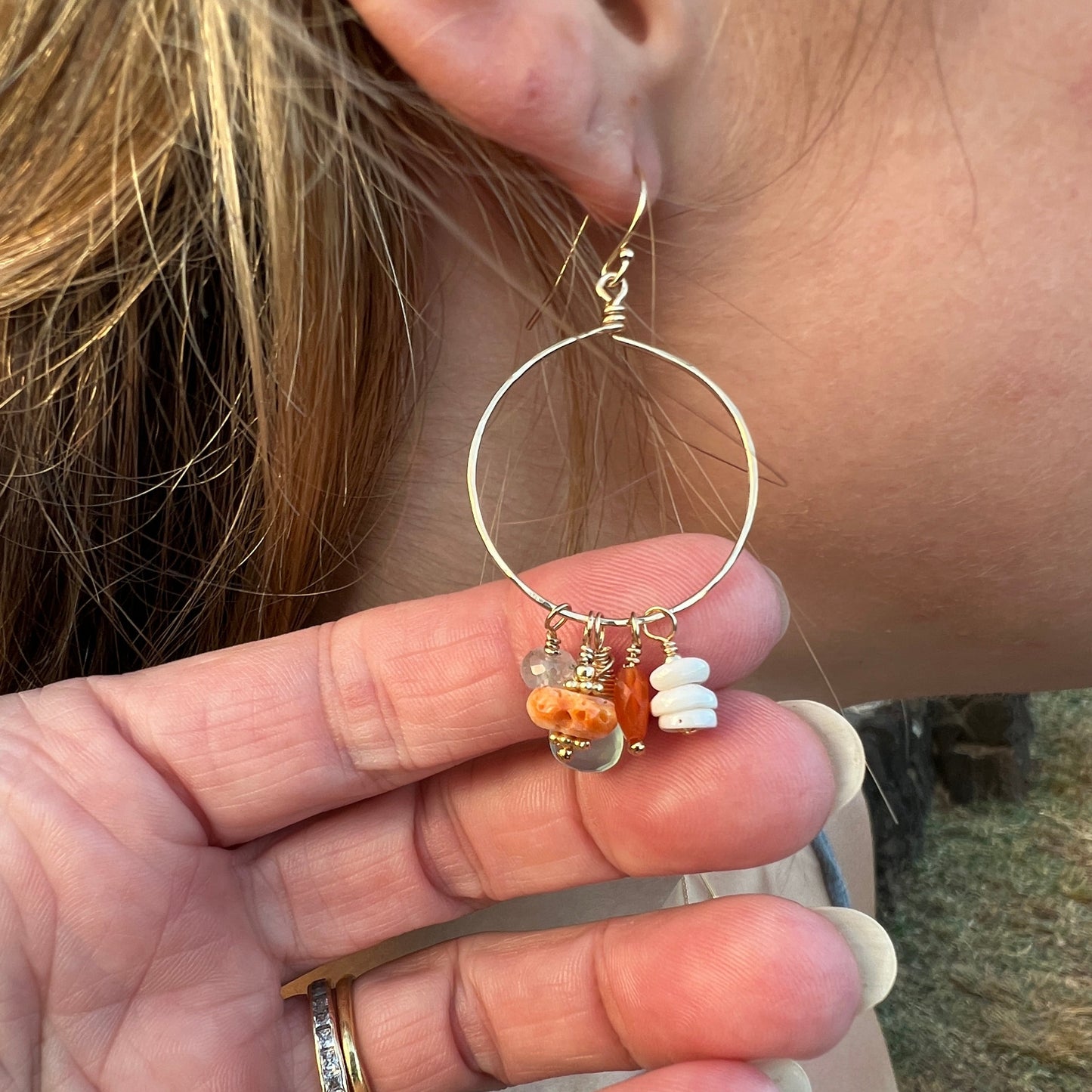 Puka shell, spiny Oyster, Chalcedony Hoops