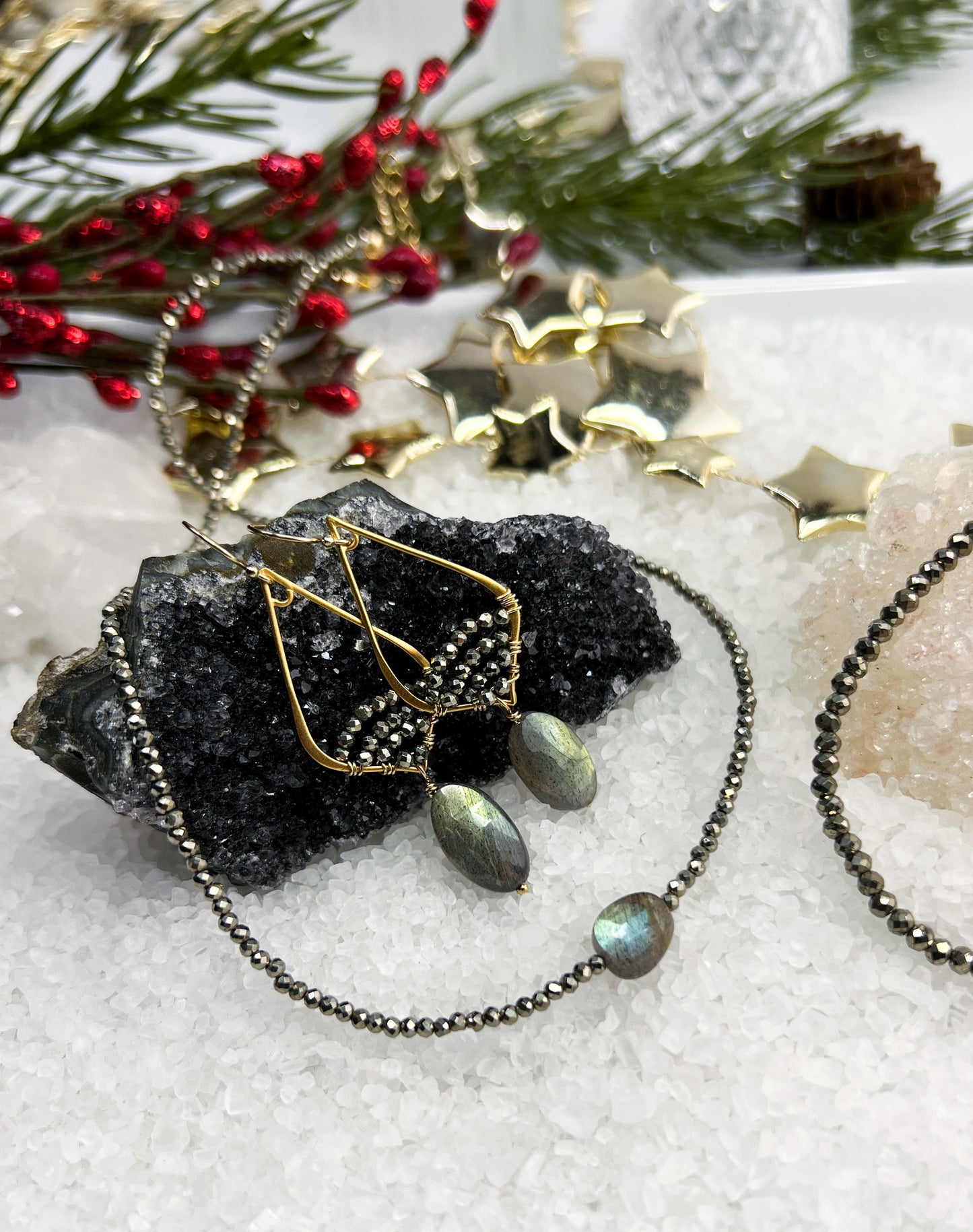 Labradorite & Pyrite Arabesque Earrings