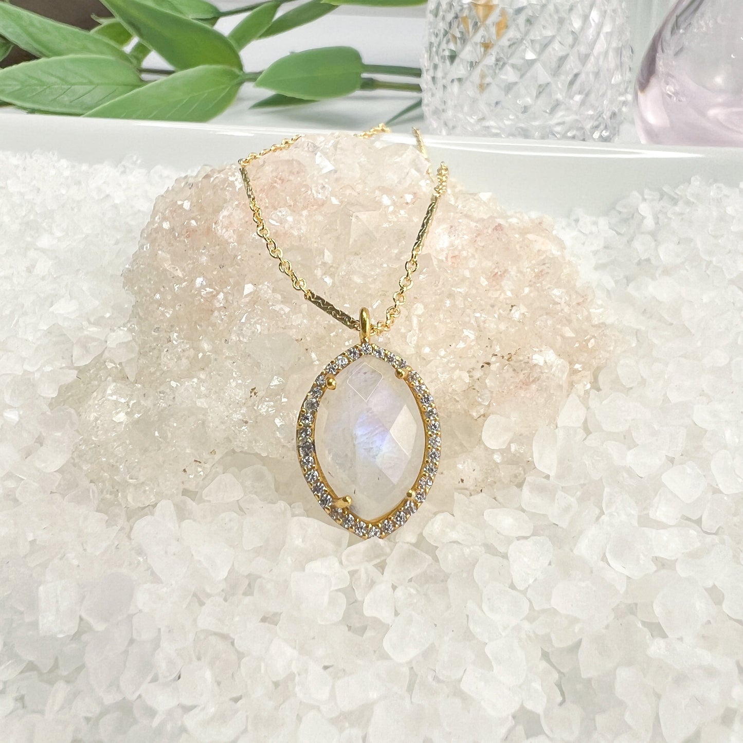 Rainbow Moonstone & CZ Pendant Necklace
