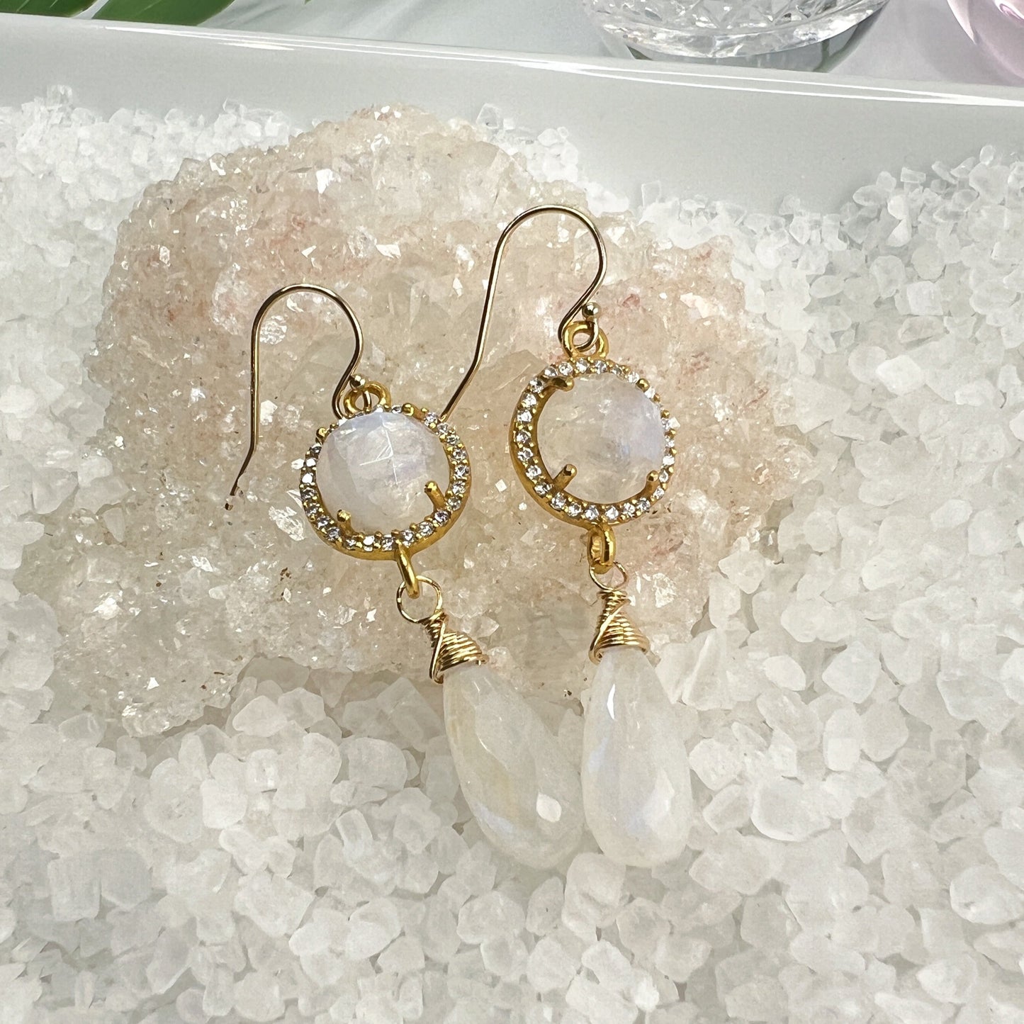 Rainbow Moonstone & CZ Drop Earrings