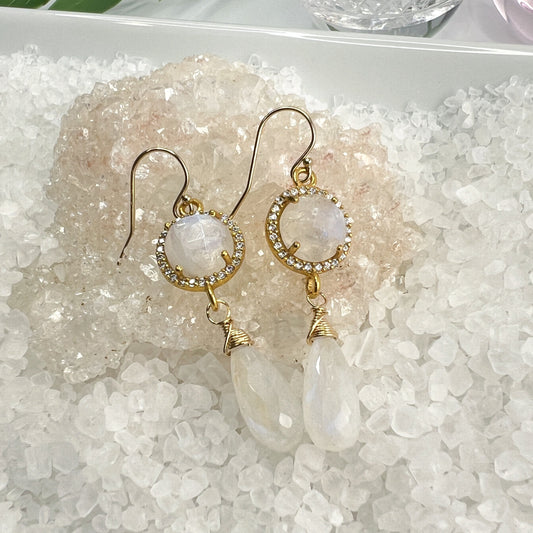 Rainbow Moonstone & CZ Drop Earrings