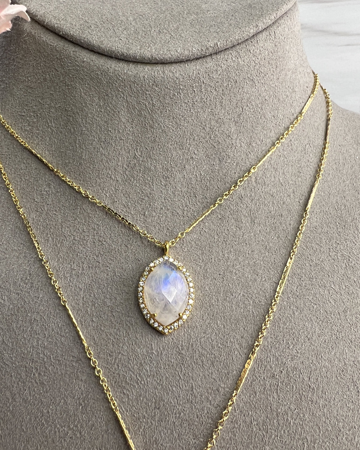 Rainbow Moonstone & CZ Pendant Necklace