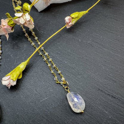 Rainbow Moonstone & Blue Topaz Rosary Necklace