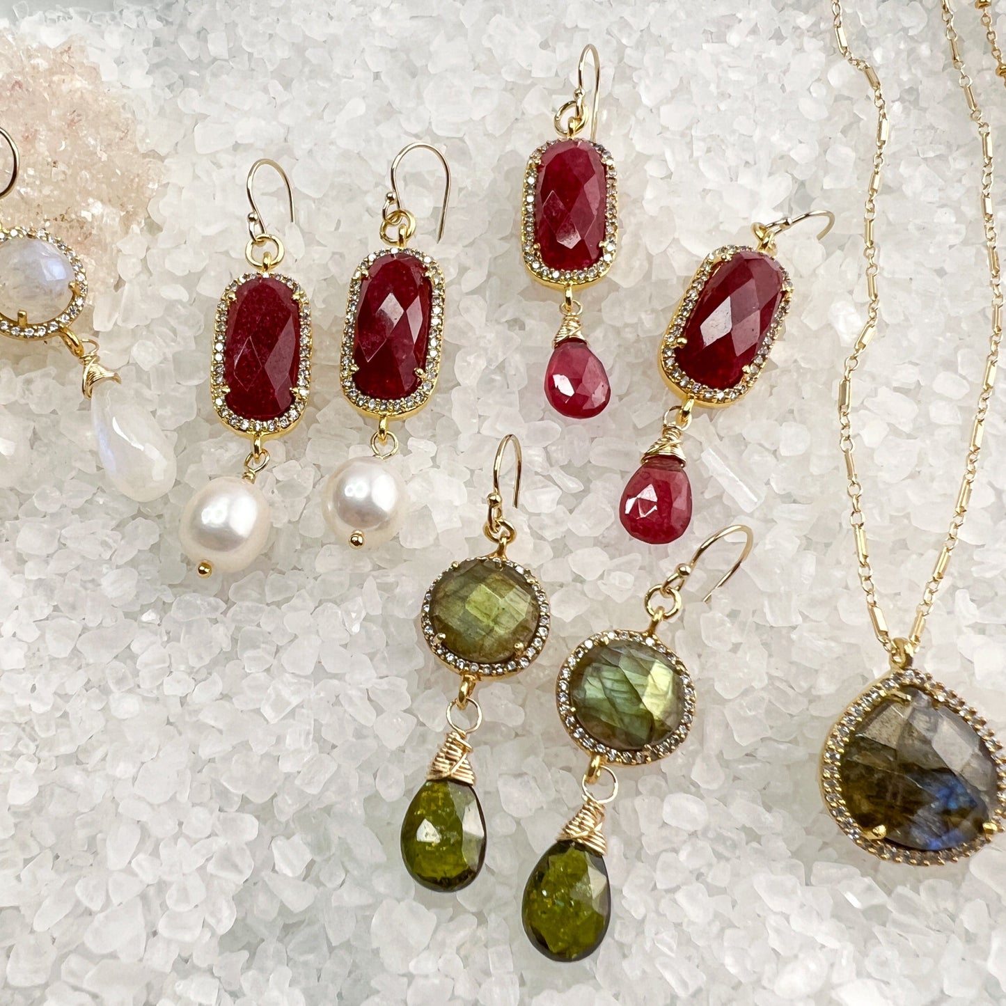 Ruby, CZ & white pearl earrings