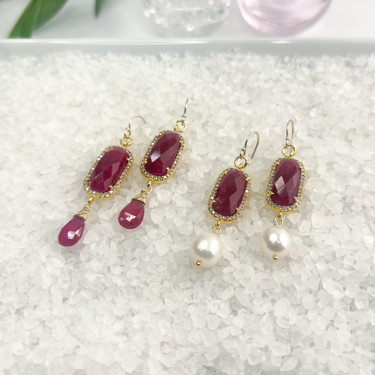 Ruby, CZ & white pearl earrings