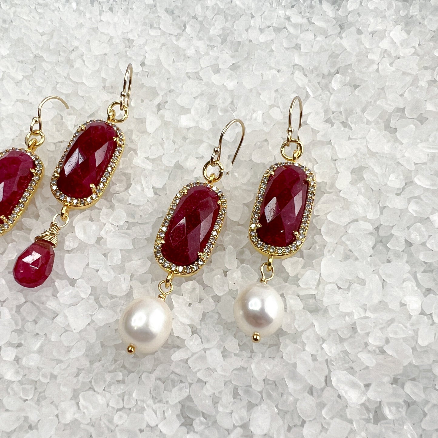 Ruby, CZ & white pearl earrings