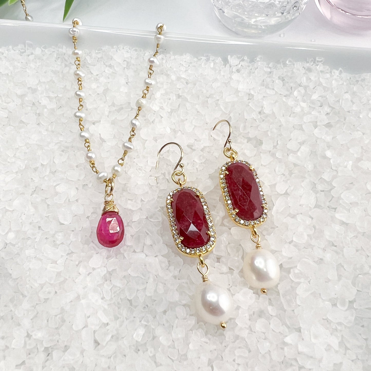 Ruby, CZ & white pearl earrings
