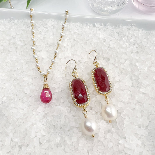 Ruby, CZ & white pearl earrings