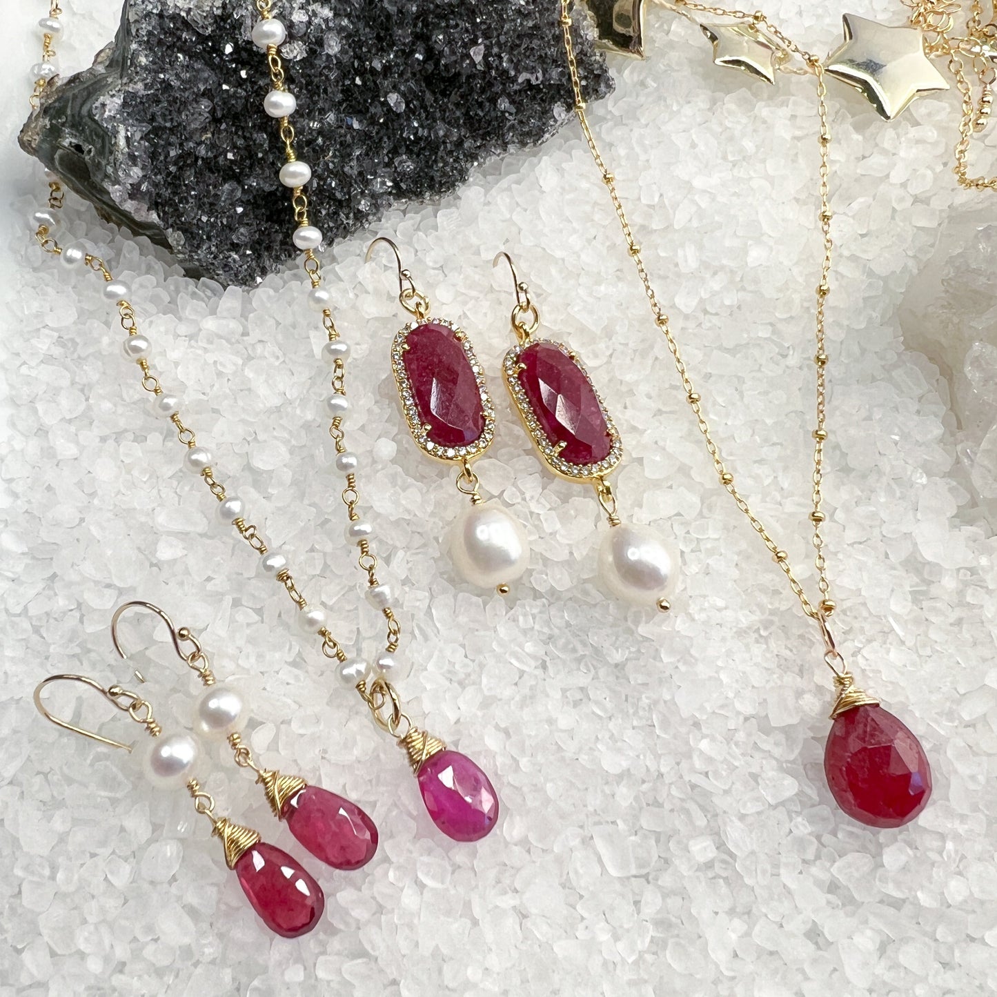 Ruby, CZ & white pearl earrings