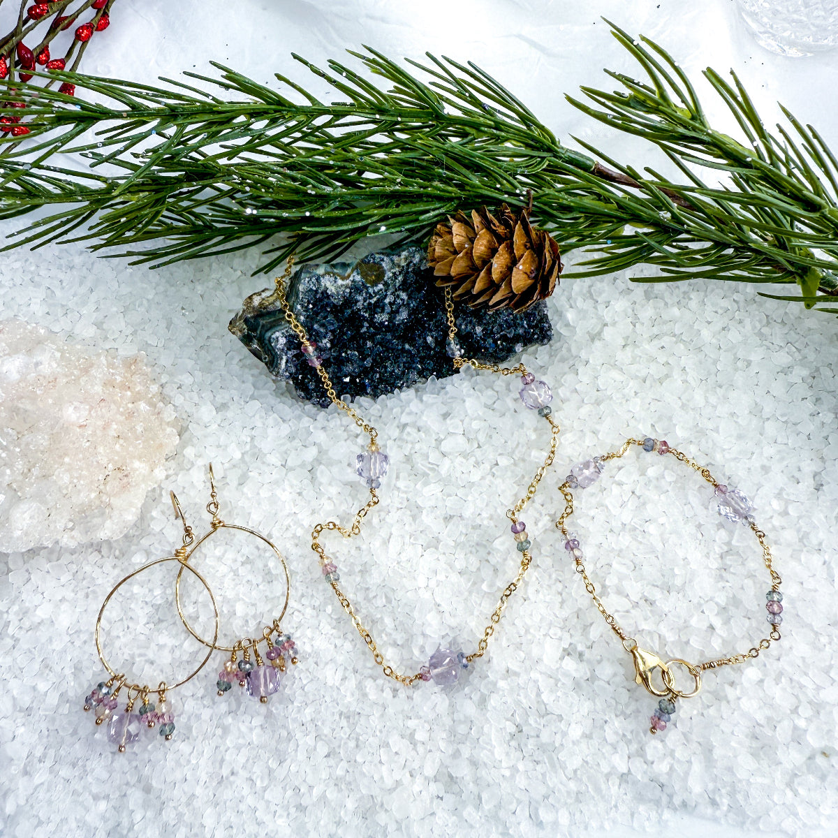Pink Amethyst & Zircon necklace, earrings & bracelet set