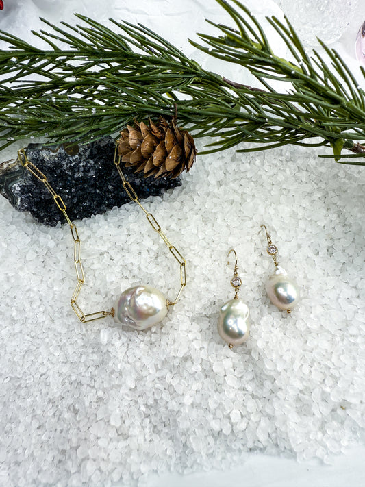 White Baroque Pearl Necklace and Earring Set