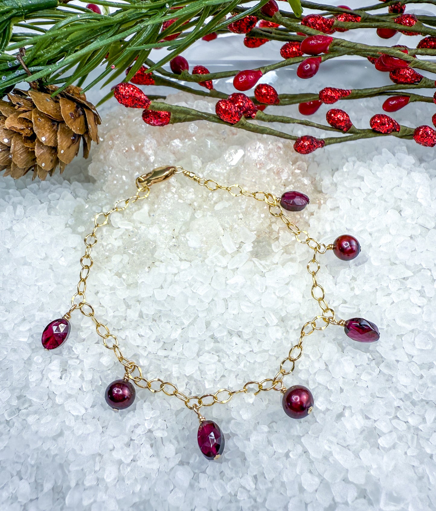 Garnet & Cranberry Pearl Dangle Bracelet | Red gemstone Bracelet